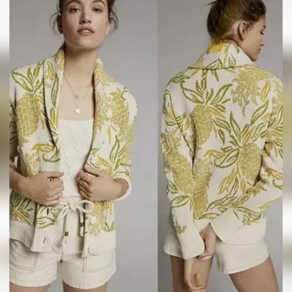 ANTHROPOLOGIE Maeve Pineapple  Cream Yellow Green Cardigan NWOT